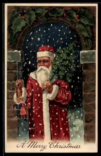 AK Weihnachtsmann mit Tannenbaum im Toreingang