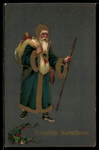 AK Weihnachtsmann im blauen Mantel mit Geschenkesack