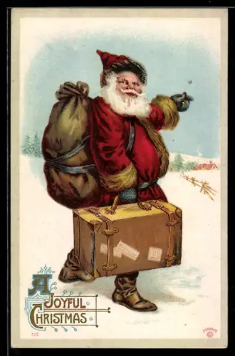AK Weihnachtsmann mit Koffer und Geschenkesack in verschneiter Landschaft