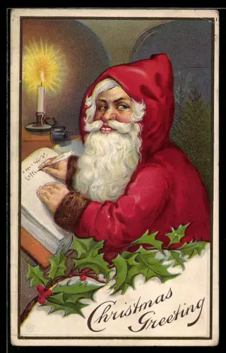 Lithographie Weihnachtsmann bei Kerzenlicht schreibt einen Bucheintrag