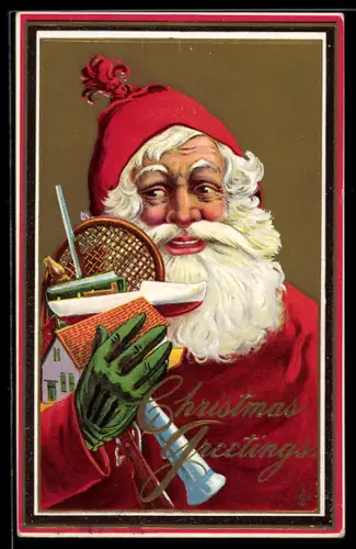Präge-AK Weihnachtsmann mit Geschenken, dabei Spielzeughaus