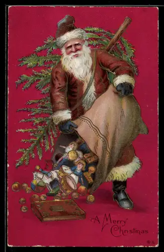 AK Weihnachtsmann mit Tannenbaum leert den Geschenkesack aus