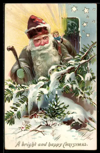 AK Weihnachtsmann läuft durch verschneite Landschaft