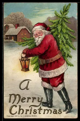 AK Weihnachtsmann stapft durch den Schnee, mit Weihnachtsbaum und Laterne