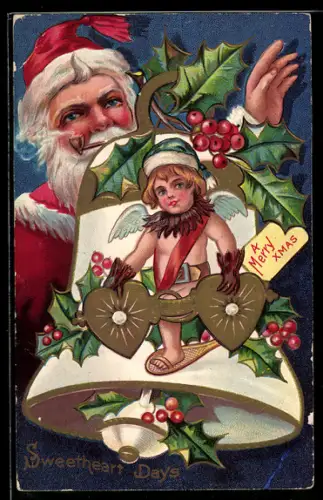 AK Weihnachtsmann mit Glocke und Stechpalmenblättern