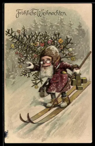 AK Weihnachtsmann mit Weihnachtsbaum fährt mit Ski bergab