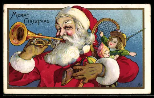 AK Weihnachtsmann mit Trompete und Geschenken