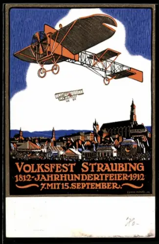 AK Ganzsache PP27 C69: Straubing, Volksfest Jahrhundertfeier 1912, Flugzeuge über der Stadt