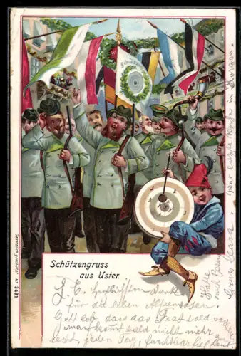 Lithographie Uster, Szene vom Schützenfest mit Teilnehmern