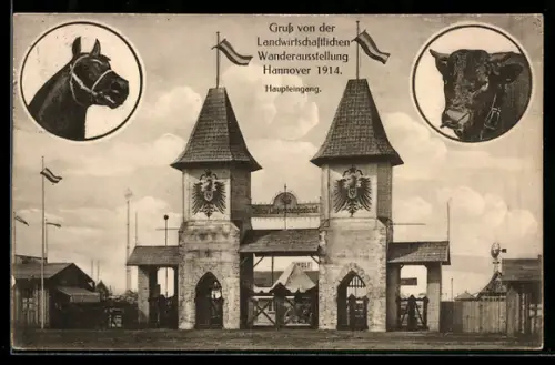 AK Hannover, Landwirtschaftliche Ausstellung 1914, Haupteingang, Pferd und Ochse