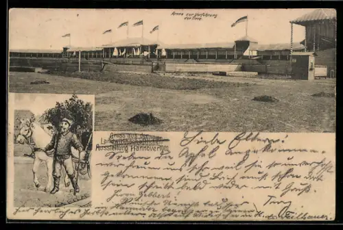AK Hannover, Landwirtschaftliche Ausstellung, Arena zur Vorführung der Tiere und Bauer neben einem Pferd