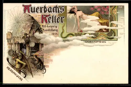 Lithographie Leipzig, Ausstellung 1897, Gasthaus Auerbachs Keller, Zauberspiegel, Hexenküche
