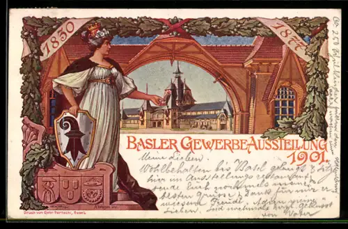 AK Basel, Gewerbe-Ausstellung 1901, Helvetia mit Wappenschild, Ausstellungsgebäude