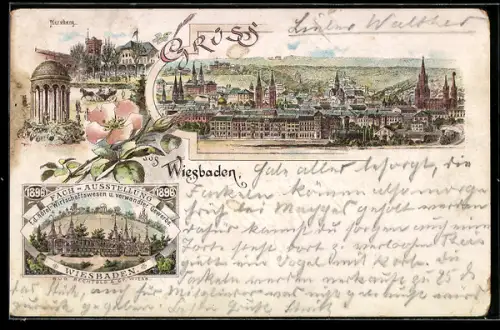 Lithographie Wiesbaden, Fachausstellung f.d. Hôtel-Wirtschaftswesen und verwandter Gewerbe, Totalansicht des Ortes