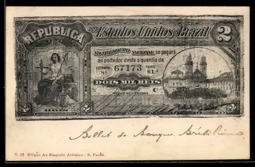 AK Brasilien, Ortspartie in einem brasilianischen Milréis-Schein