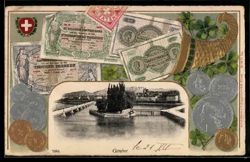 AK Genève, Panorama mit Geld und Füllhorn im Passepartout