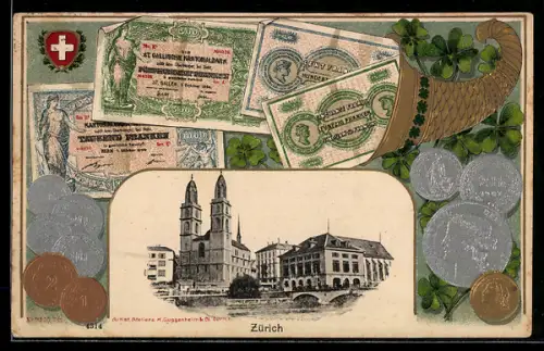 AK Zürich, Ortspartie mit Kirche, Schweizer Franken und Füllhorn im Passepartout