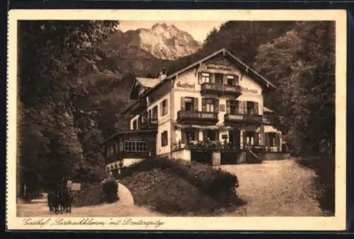 AK Partenkirchen, Gasthof Partnachklamm, Eingang zur Klamm, Dreitorspitze