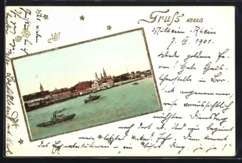 AK Mülheim a. Rhein, Rheinansicht mit Dampfschiff