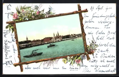 AK Mülheim a. Rhein, Rheinansicht mit Ortspanorama und Schiffen