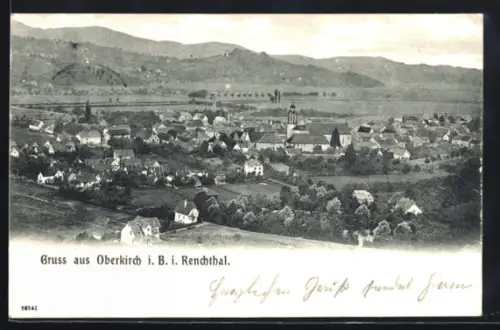 AK Oberkirch i. B., Ortsansicht mit Kirche und umliegender Landschaft