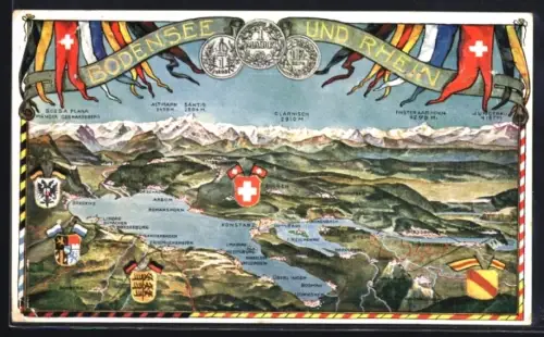 AK Konstanz /Bodensee, Übersichtskarte mit Bergpanorama und Rheinverlauf
