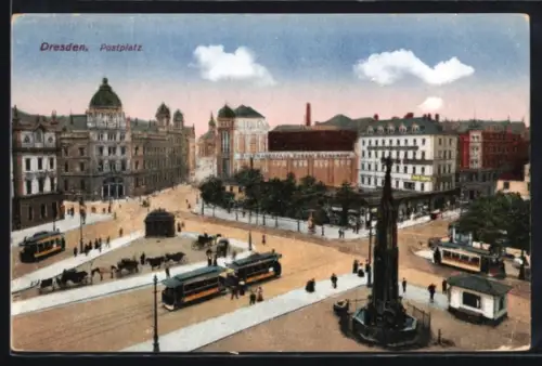 AK Dresden, Postplatz mit Strassenbahnen