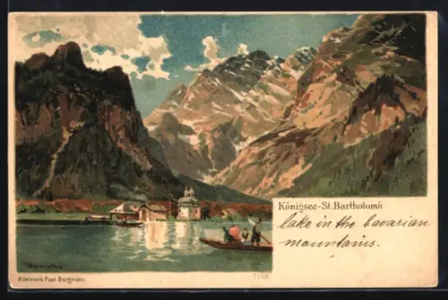 Lithographie Königssee-St. Bartholomä, See mit Bergpanorama