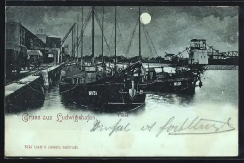 Mondschein-AK Ludwigshafen, Hafen, Schiffe, Totalansicht