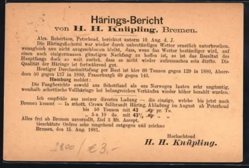 AK Bremen, Härings-Bericht von H. H. Knüpling, Fischereibericht 1881