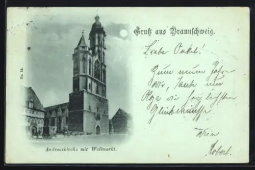Mondschein-AK Braunschweig, Andreaskirche, Wollmarkt