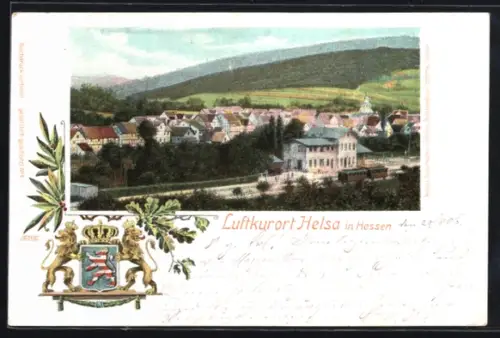 AK Helsa /Hessen, Ortsansicht und Wappen im Passepartout