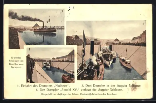 AK Augst, Dampfer Mülheim, Dampfer Fendel XV, Augster Schleuse