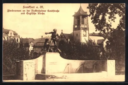AK Frankfurt a. M., Zierbrunnen an der Bockenheimer Landstrasse, Englische Kirche
