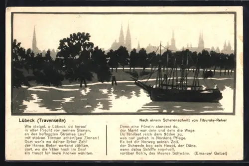 Künstler-AK sign. Tibursky-Reher: Lübeck, Travenansicht mit Segelschiff und Stadtsilhouette, Scherenschnitt