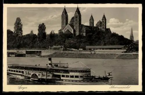 AK Dampfer Bismarck auf dem Rhein vor dem Dom in Speyer