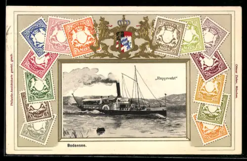 Passepartout-AK Dampfer Rupprecht auf dem Bodensee, Briefmarken