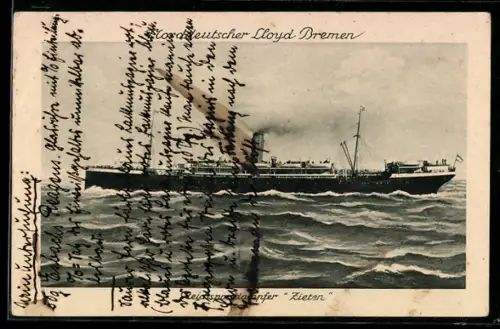 AK Reichspostdampfer Zieten vom Norddeutschen Lloyd Bremen, Passagierschiff