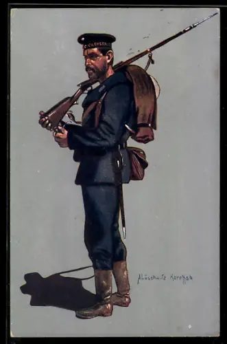 AK Matrose vom Kriegsschiff S.M.S. Sachsen mit Tornister, Bajonett und Gewehr