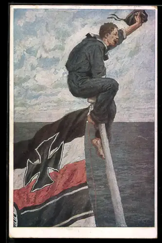 Künstler-AK O. Roloff: Matrose auf dem Fahnenmast, Stolz weht die Flagge schwarz-weiss-rot