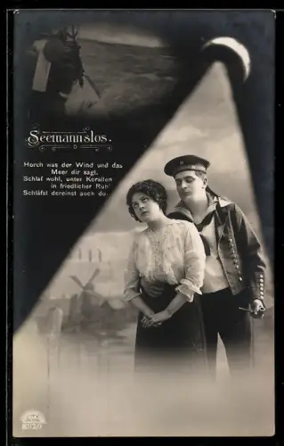 AK Seemannslos, Horch was der Wind und das Meer dir sagt..., Matrose vom Kriegsschiff Oldenburg und Mädel