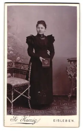 Fotografie Fr. Harzig, Eisleben, Glockenstr. 15, Porträt einer jungen Frau mit Buch