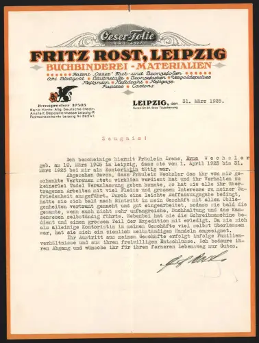 Briefkopf Leipzig 1925, Fritz Rost, Buchbinderei und Materialien, Firmenlogo mit Greif