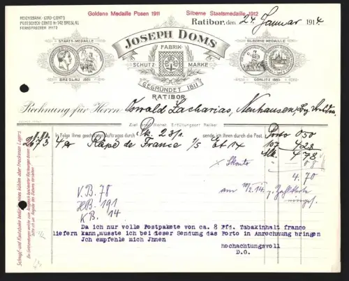 Rechnung Ratibor 1914, Joseph Doms, Fabrik, Firmenlogo und Auszeichnungen