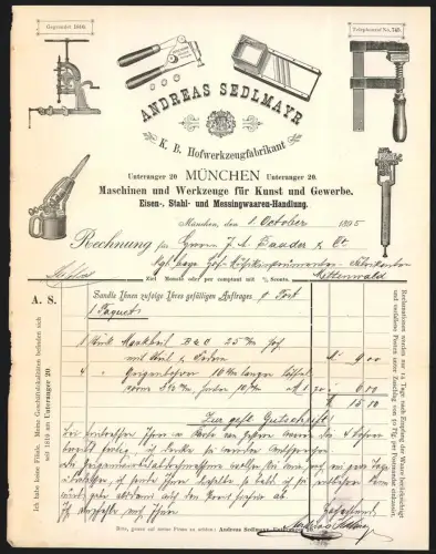 Rechnung München 1895, Andreas Sedlmayr, Werkzeugfabrikant und Eisen-Handlung, Verschiedene Werkzeuge