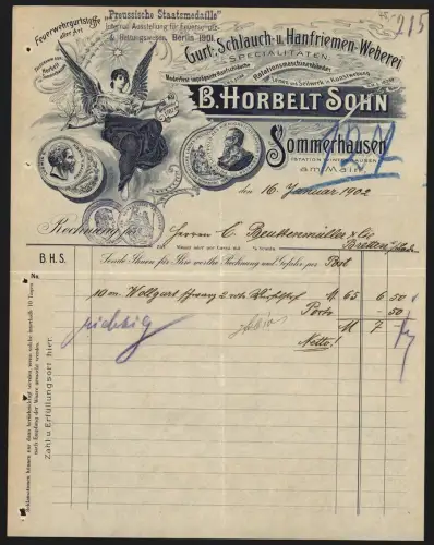 Rechnung Sommerhausen am Main 1902, B. Horbelt Sohn, Gurt- und Schlauchfabrik, Engel umgeben von Auszeichnungen