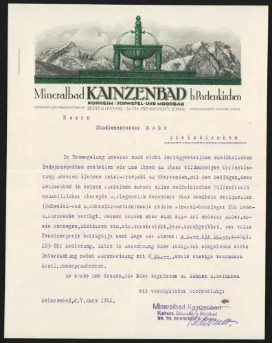 Briefkopf Kainzenbad b. Partenkirchen 1925, Th. Behrendt`s Söhne, Mineralbad und Kurheim, Brunnen und Bergpanorama