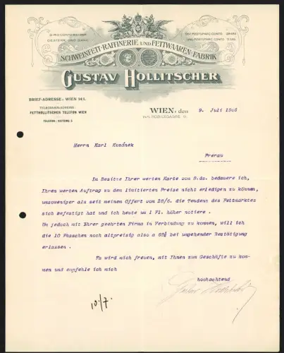 Briefkopf Wien 1908, Gustav Hollitscher, Schweinefett-Raffinerie und Fabrik, Firmenlogo mit Auszeichnungen