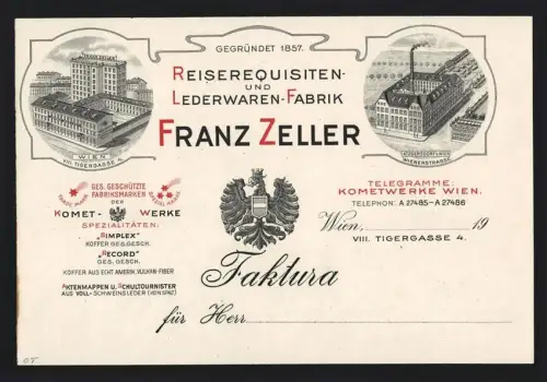 Rechnung Wien, Franz Zeller, Reiserequisiten und Lederwaren, Fabrikanlage aus der Vogelschau