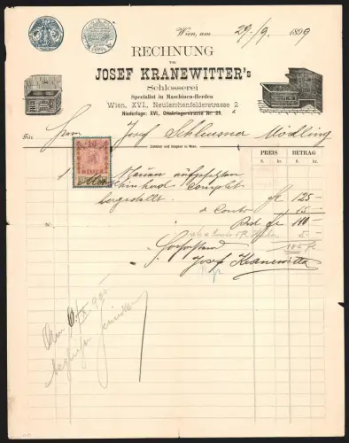 Rechnung Wien 1890, Josef Kranewitter, Schlosserei, Geschäftshaus und Herd